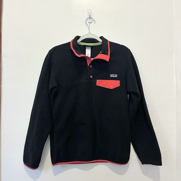 1990s Patagonia Vintage Y2K Synchilla Snap T Fleece Pullover Jumper Black Red M - Picture 1 of 4